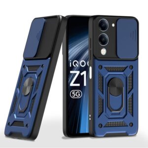 Vivo T4 lite 5G / Iqoo Z10 lite 5G / Y04 4G / Y19 5G | D10 Tough Armor | 360 Protection Case | Sliding Camera Shield Cover & Ring Holder Stand Bumper Case (Blue)